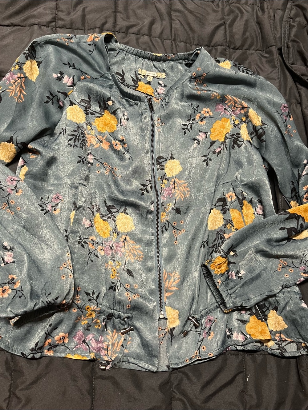 gimmicks by BKE Steel Blue Floral Bomber Jacket with Yellow Flowers